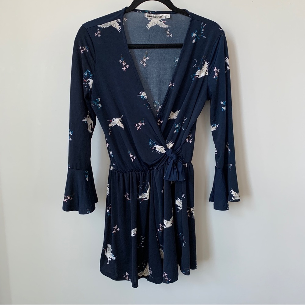Simida Star Navy Blue Romper with Crane Print‎ Sz M